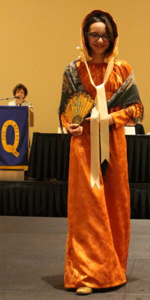 Josephine Mitroff wearing a Loyalist dress of the late 1700s